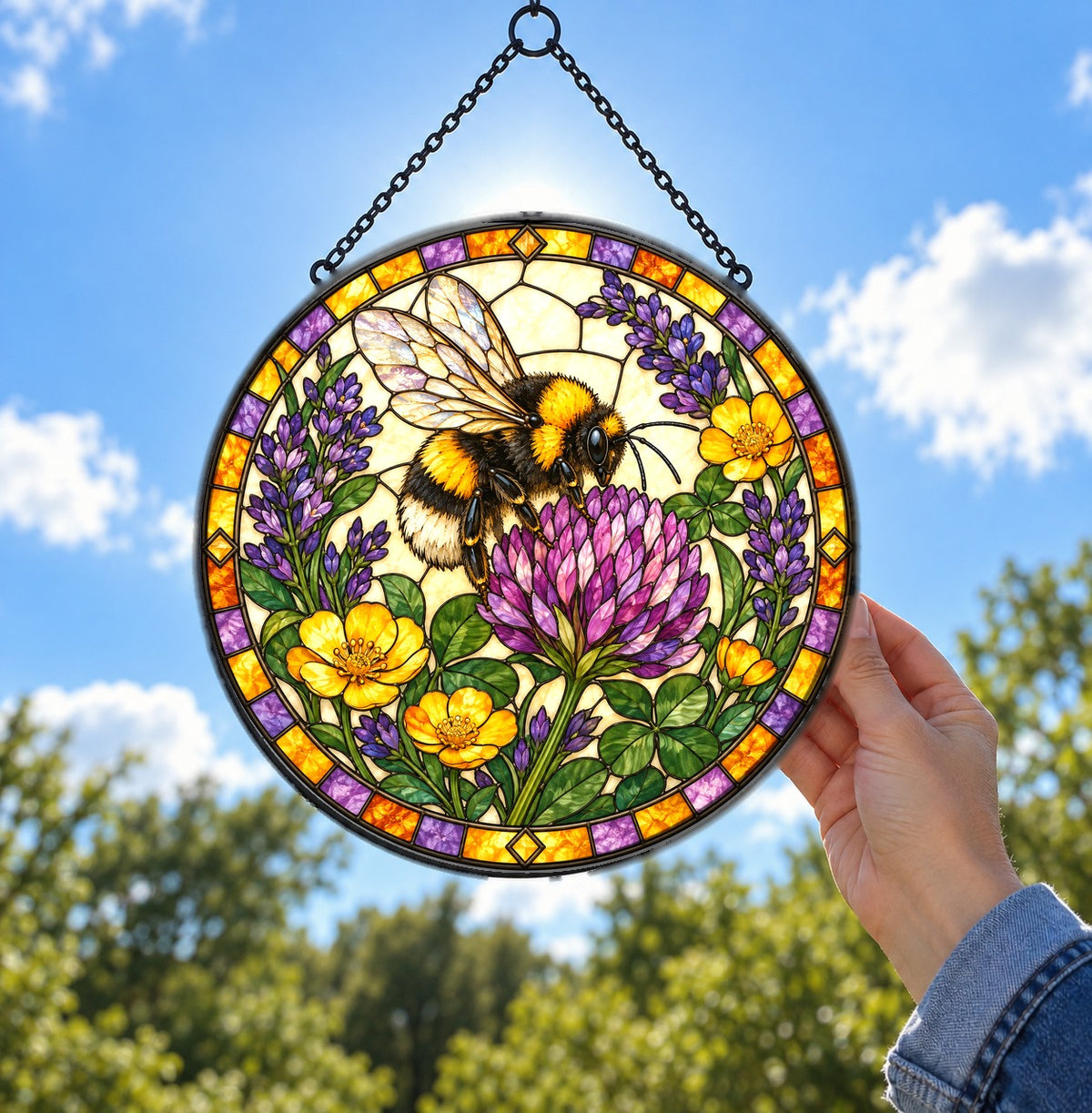 Lavender Meadow Bumblebee Stained Glass Style Suncatcher Hanging