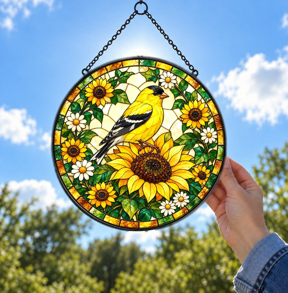 Sunflower Goldfinch Stained Glass Suncatcher Window Hanging Ornament