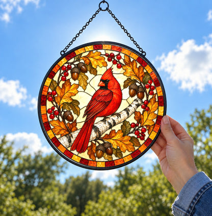 Autumn Birch Cardinal Glow Suncatcher, Memorial Bird Hanging Ornament