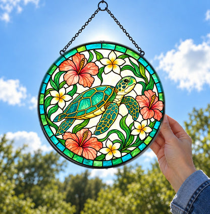 Gliding Sea Turtle Stained Glass Style Suncatcher Window Hanging