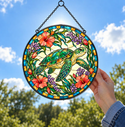 Gliding Sea Turtle Stained Glass Suncatcher Window Ornament
