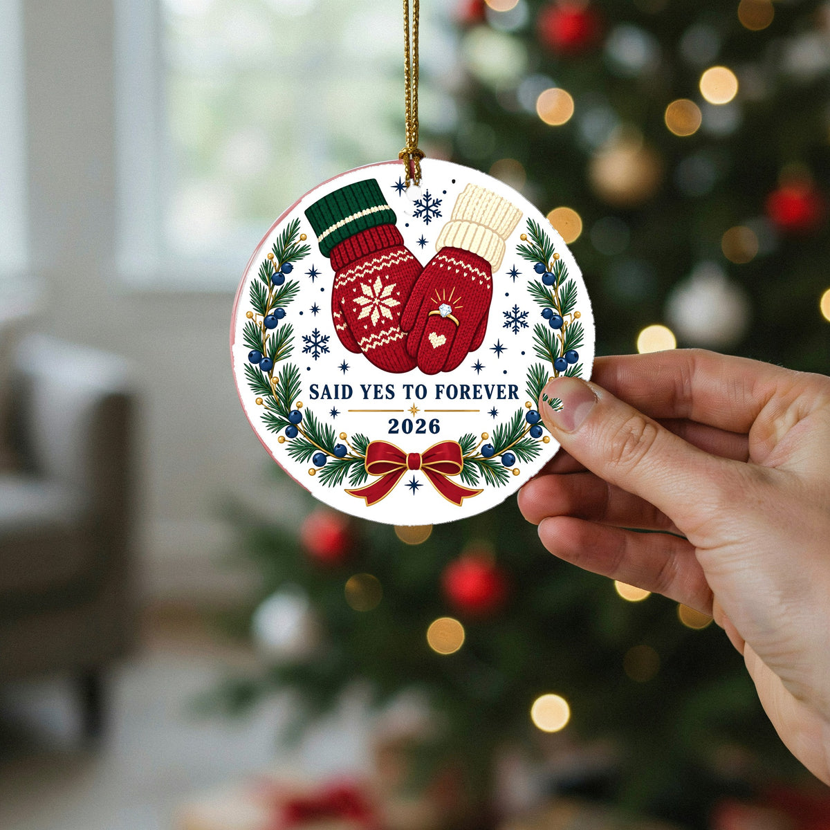 Mittens and Diamond Engagement Ceramic Christmas Ornament