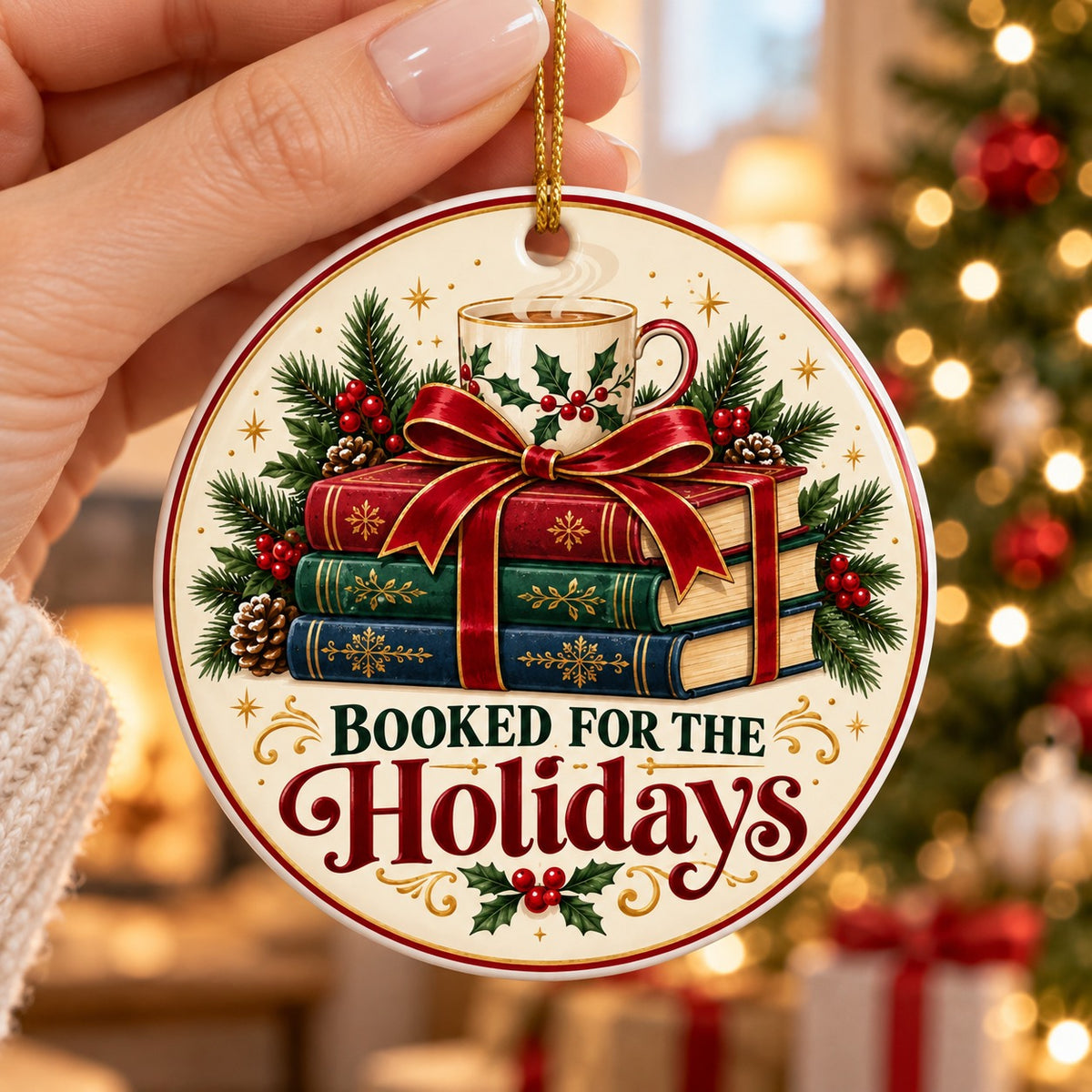 Booked for the Holidays Ceramic Christmas Ornament, Reader Tree Decor
