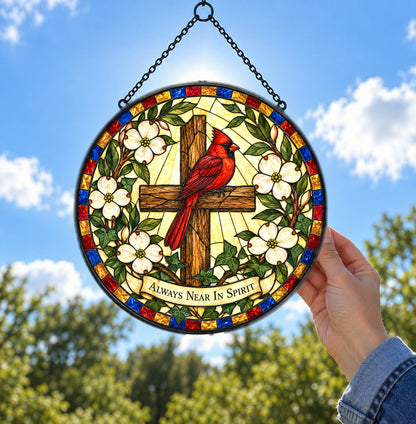 Cardinal Memorial Glass Suncatcher Window Ornament with Cross