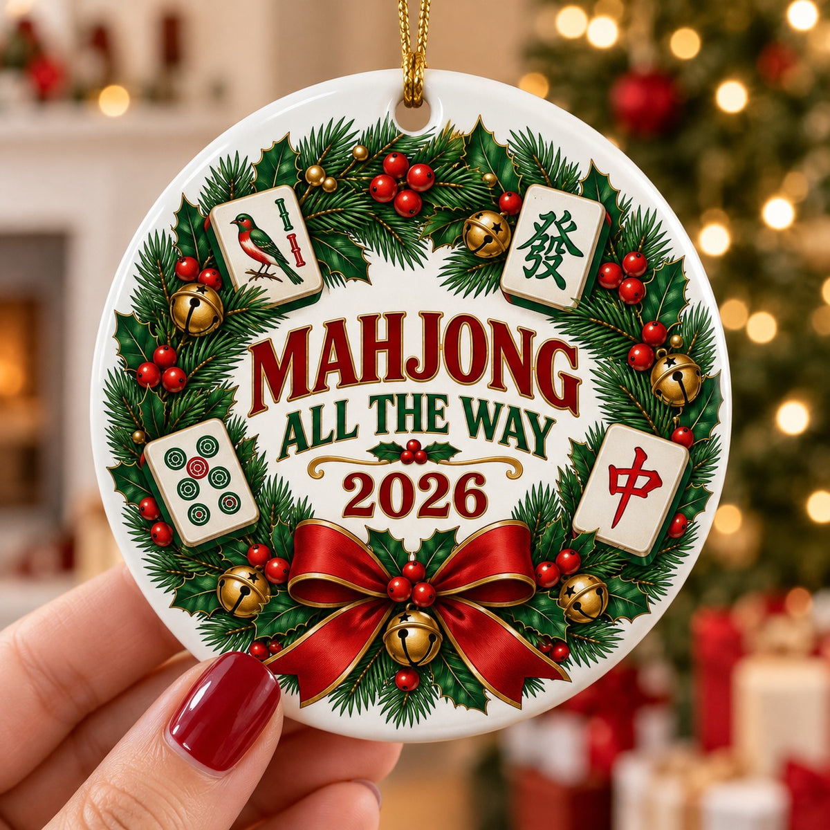 Mahjong Holiday Wreath Ceramic Ornament, Game Night Christmas Decor