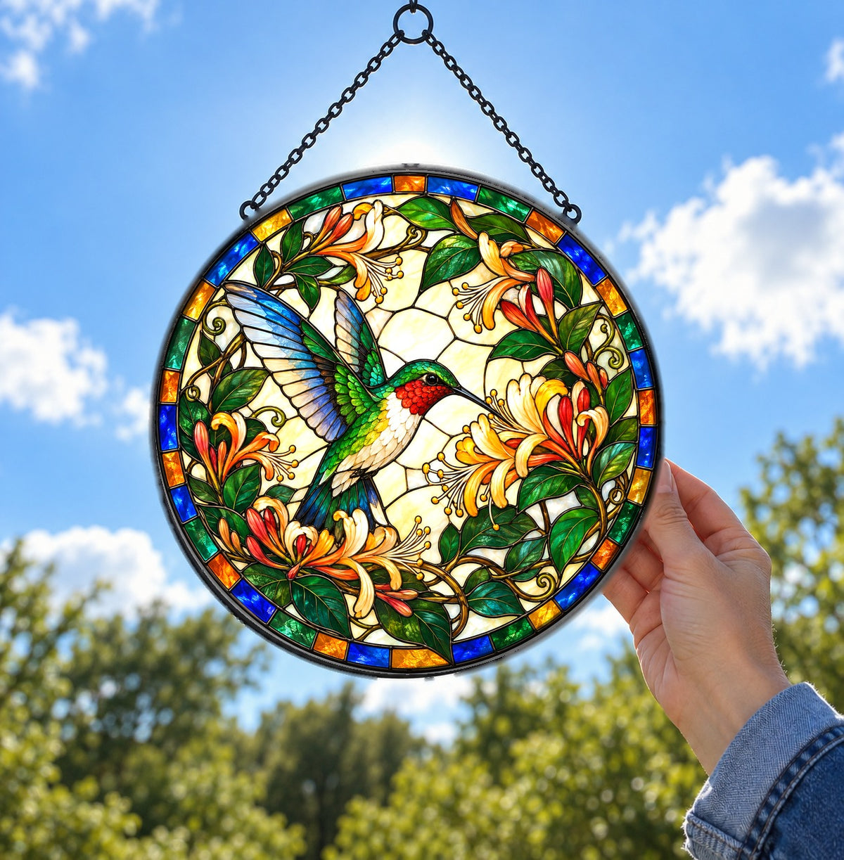 Ruby-Throated Hummingbird Suncatcher, Garden Bird Glass Ornament