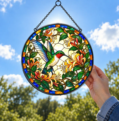 Ruby-Throated Hummingbird Suncatcher, Garden Bird Glass Ornament