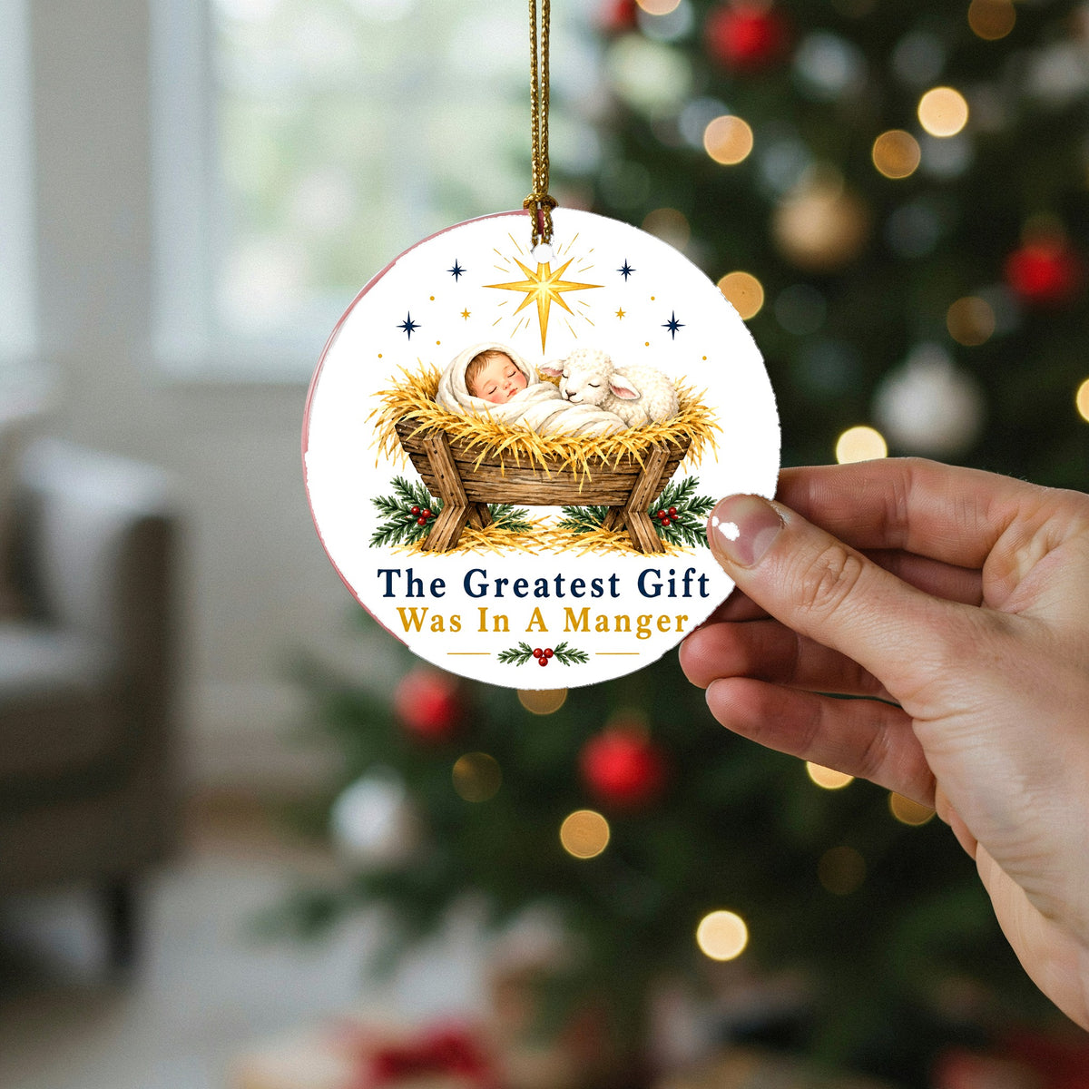 Greatest Gift Manger Keepsake Nativity Round Ceramic Christmas Ornament
