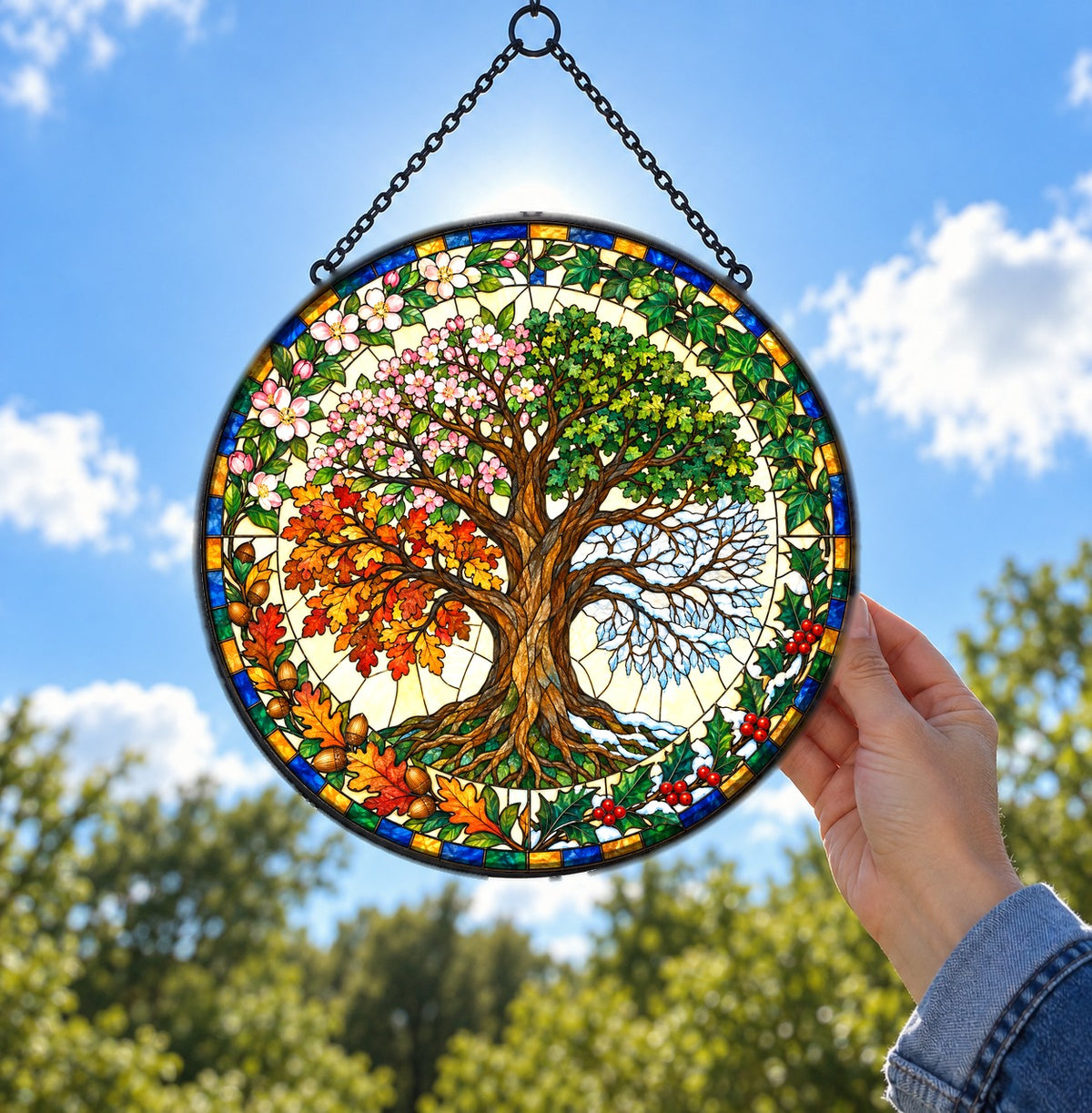 Four Seasons Tree of Life Suncatcher Glass Window Hanging Ornament