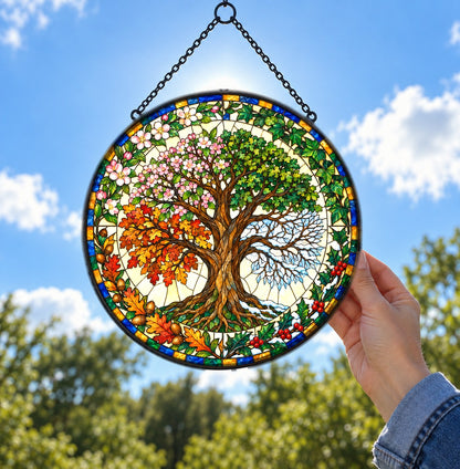 Four Seasons Tree of Life Suncatcher Glass Window Hanging Ornament