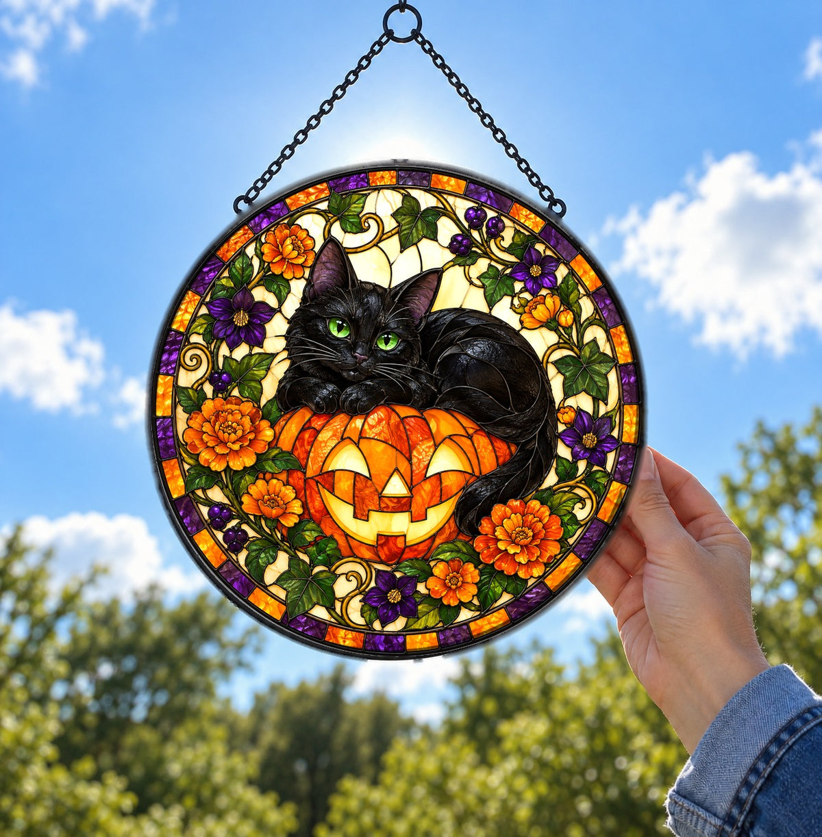 Black Cat and Pumpkin Stained Glass Style Suncatcher Hanging Ornament