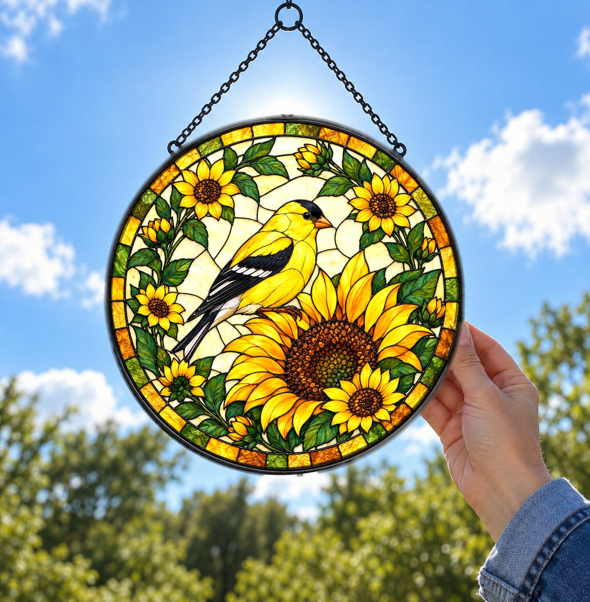 Sunflower and Goldfinch Window Suncatcher Hanging Glass Ornament