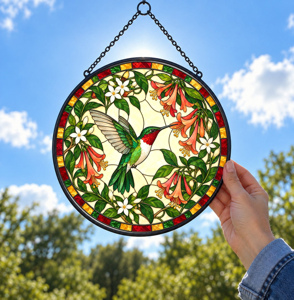 Ruby Nectar Symphony Suncatcher, Hummingbird Glass Window Ornament