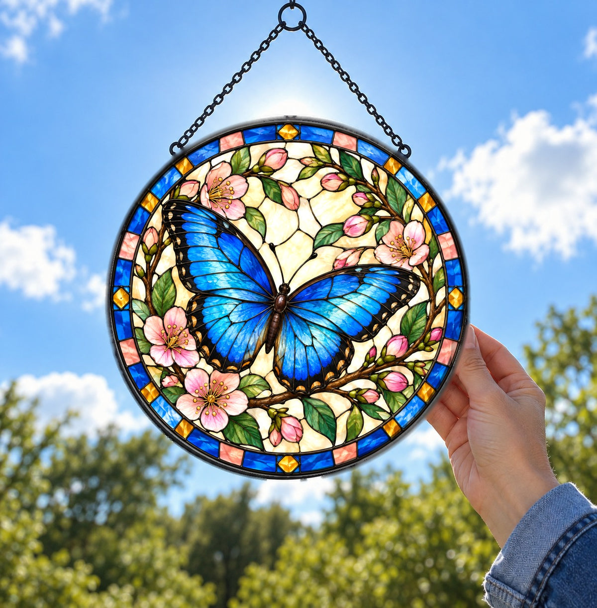 Azure Butterfly Glass Window Suncatcher and Floral Hanging Ornament
