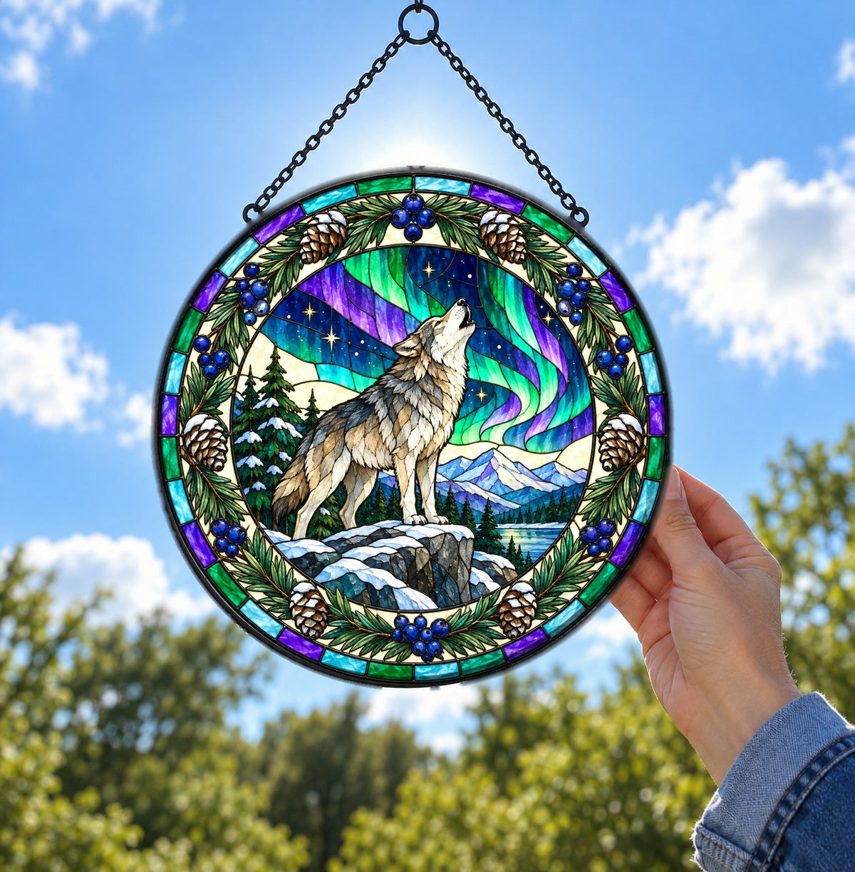 Aurora Wolf Wilderness Glow Suncatcher Hanging Glass Ornament
