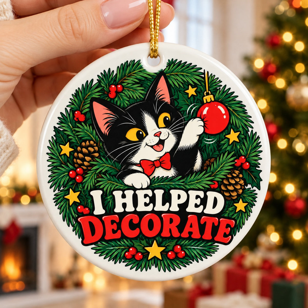 Tuxedo Cat Christmas Ornament, Funny Tree Inspector Ceramic Keepsake