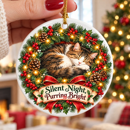 Sleeping Wreath Kitty Ceramic Christmas Ornament for Cat Lovers