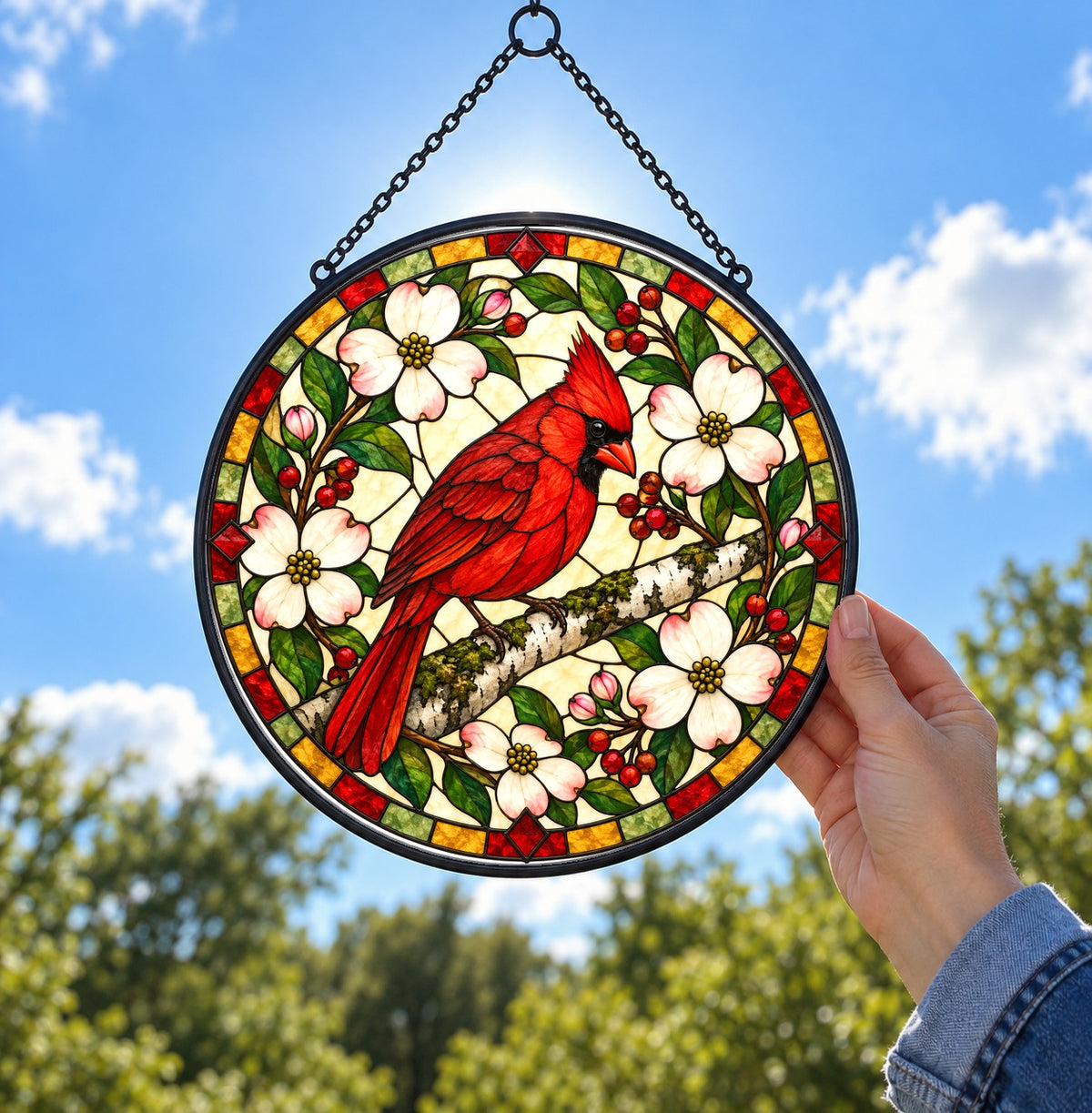 Crimson Cardinal Glass Suncatcher Window Hanging Ornament