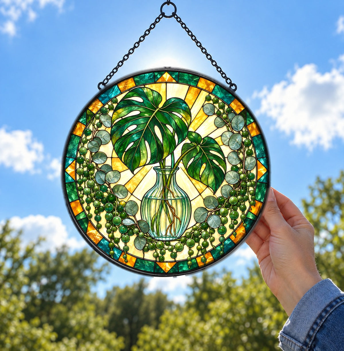 Mid-Century Botanical Sunburst Glass Suncatcher Window Ornament
