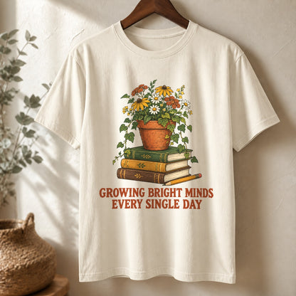 Growing Bright Minds Teacher Comfort Colors T-Shirt, Ivory Cotton Tee