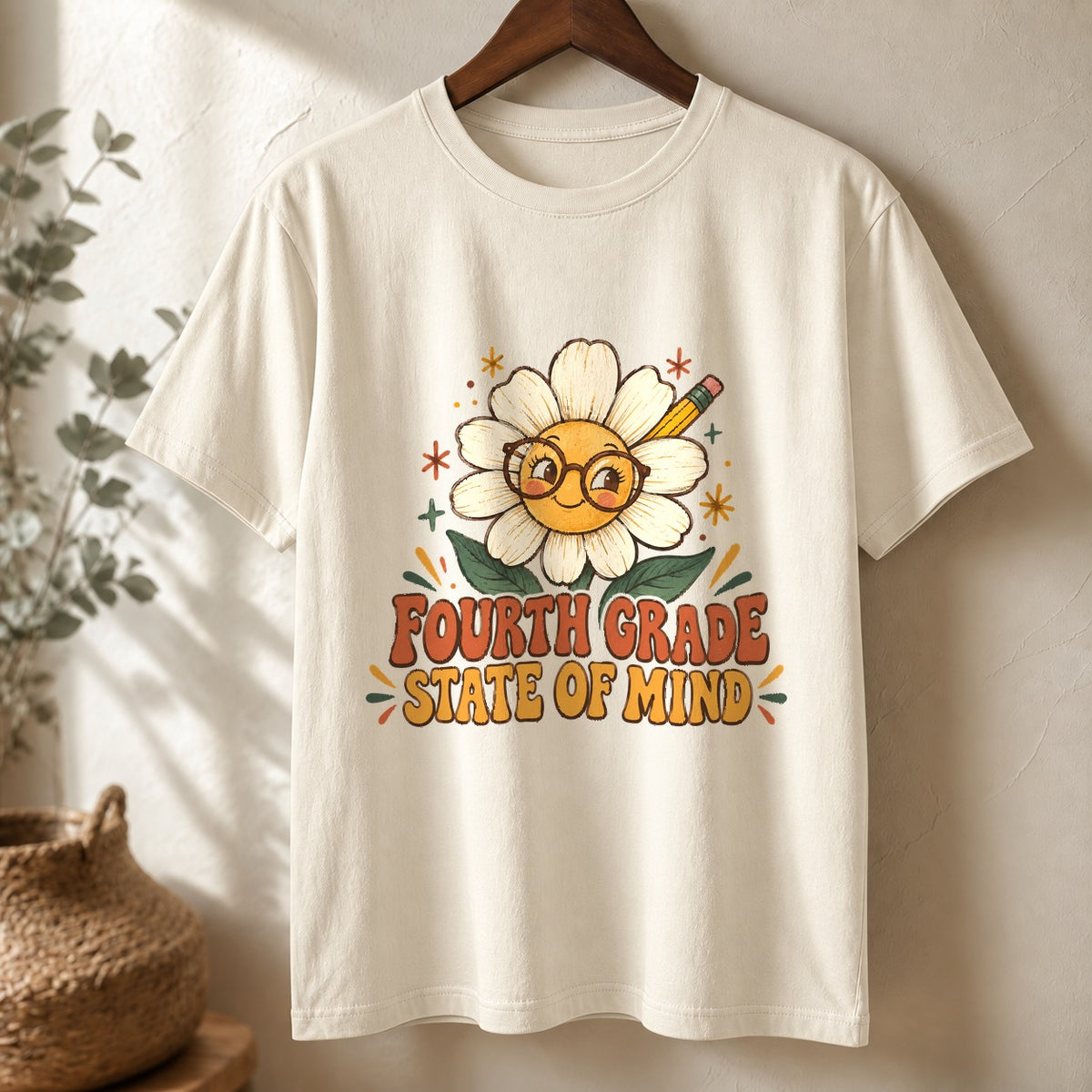 Fourth Grade Teacher Comfort Colors T-Shirt, Groovy Daisy Graphic