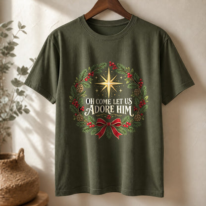 Comfort Colors Adore Him Botanical Wreath Christmas T-Shirt, Moss