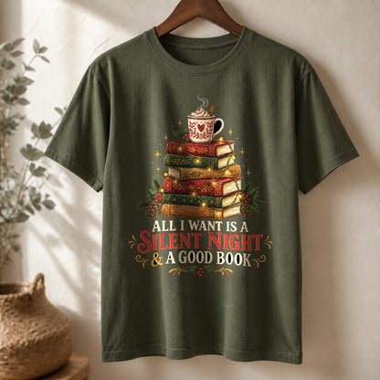 Comfort Colors Book Lover Christmas Graphic T-Shirt, Moss
