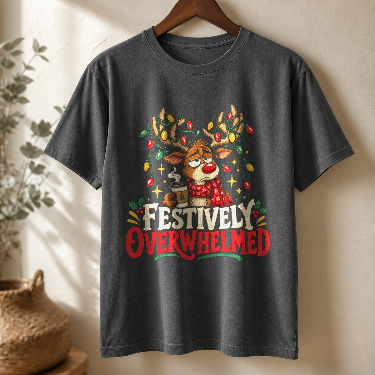 Festively Overwhelmed Reindeer Comfort Colors T-Shirt, Pepper Graphic Tee