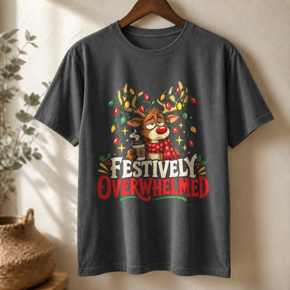 Festively Overwhelmed Reindeer Comfort Colors T-Shirt, Pepper Graphic Tee