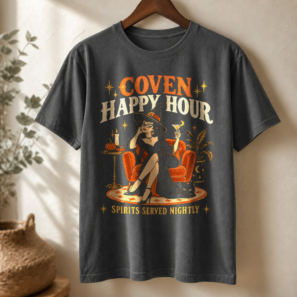 Comfort Colors T-Shirt, Coven Happy Hour Retro Witch Graphic