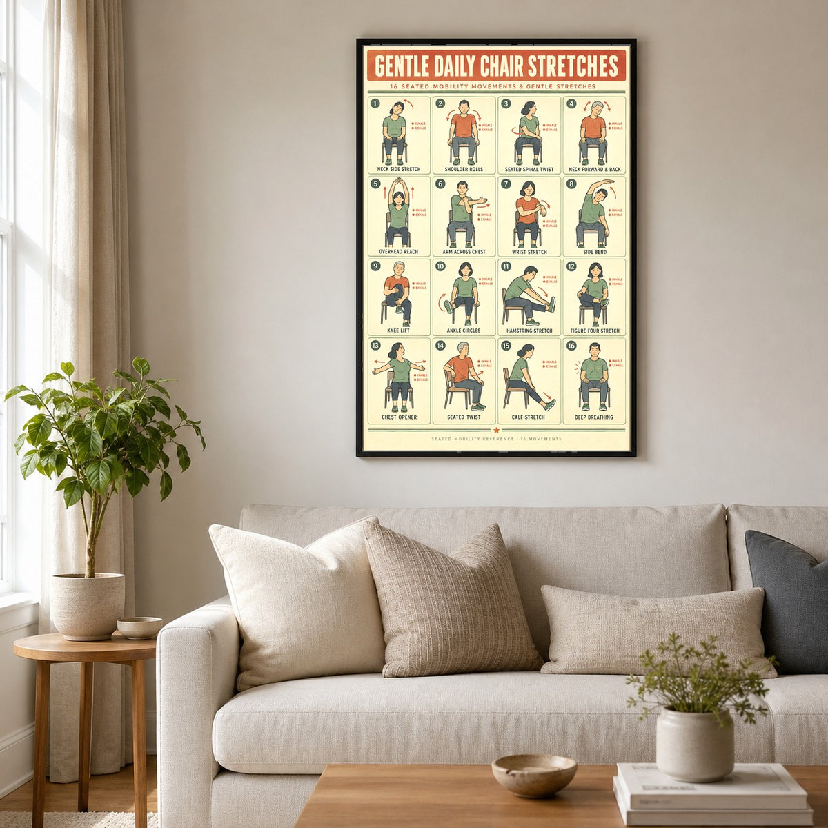 Gentle Daily Chair Stretches Poster, Seated Mobility Exercise Chart