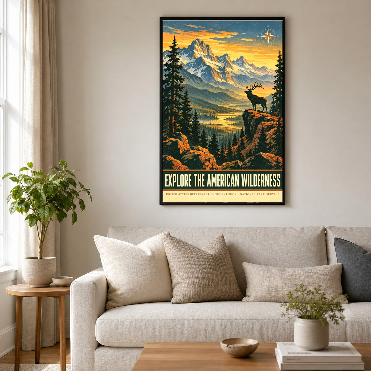 American Wilderness Vintage Travel Art Poster, National Park Elk Landscape