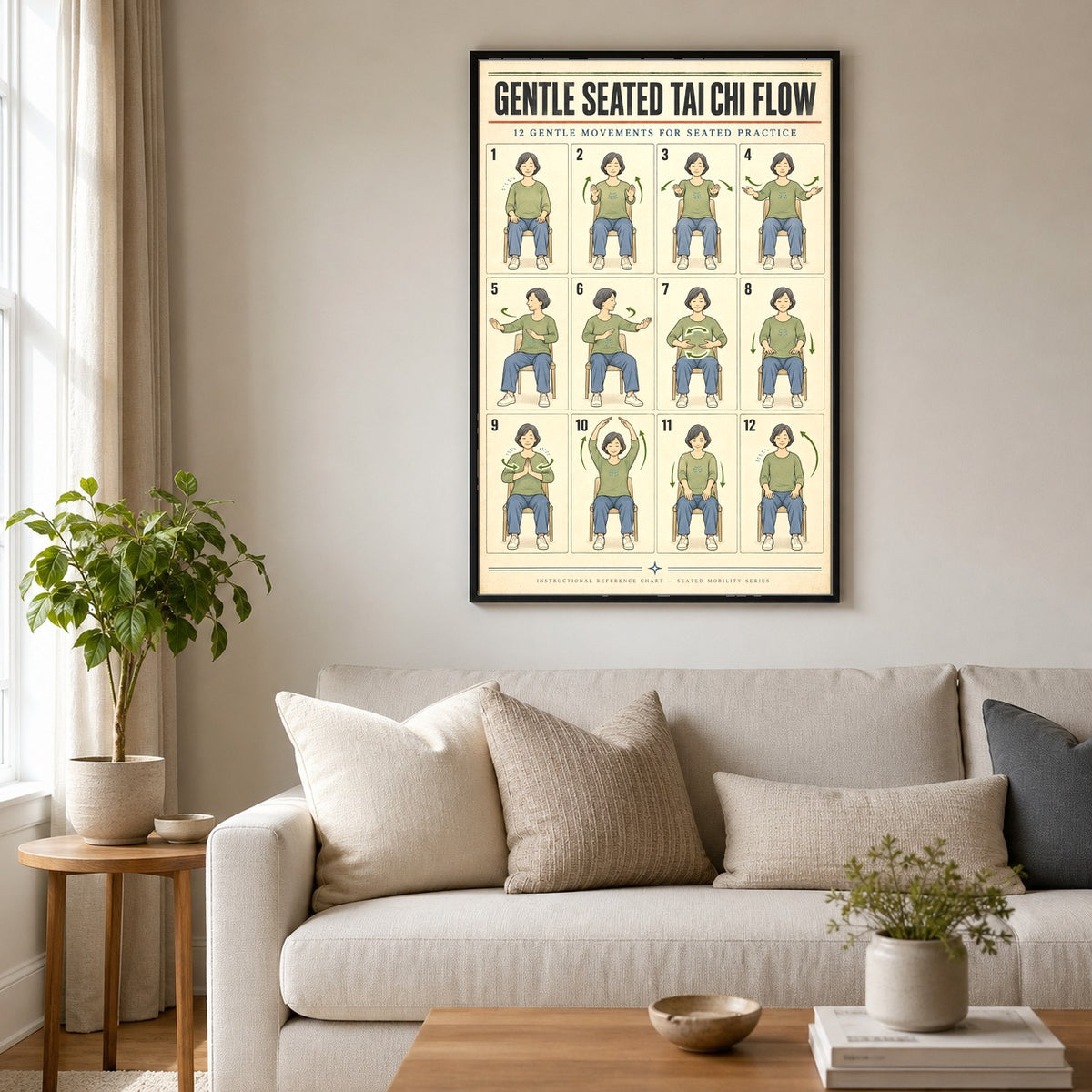 Gentle Seated Tai Chi Flow Poster, Chair Exercise Chart for Seniors
