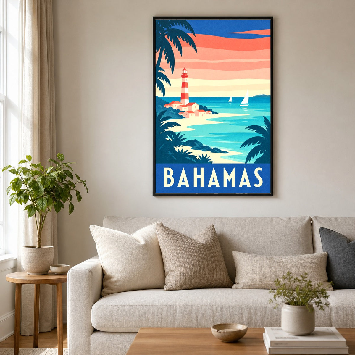 Bahamas Travel Poster, Retro Coastal Lighthouse Beach Art Print