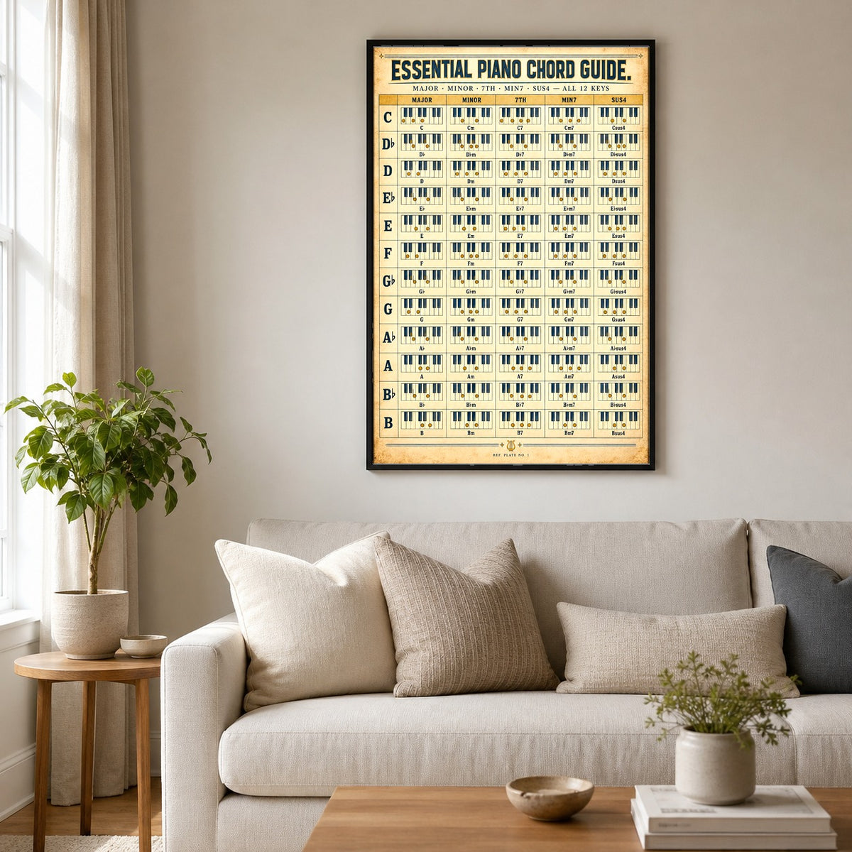 Essential Piano Chord Guide Poster, Keyboard Music Reference Chart