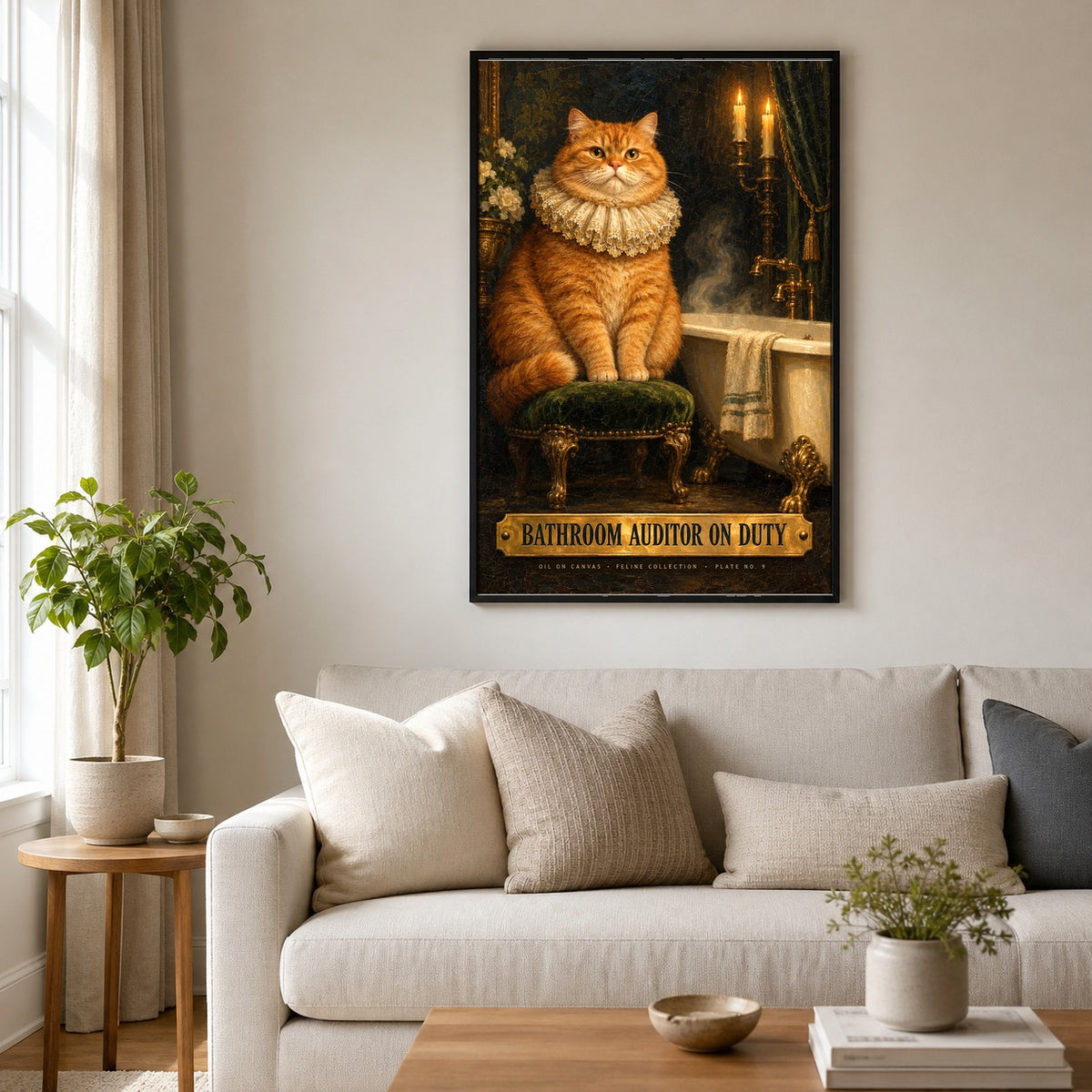 Bathroom Auditor Cat Poster, Funny Victorian Oil Painting Wall Art