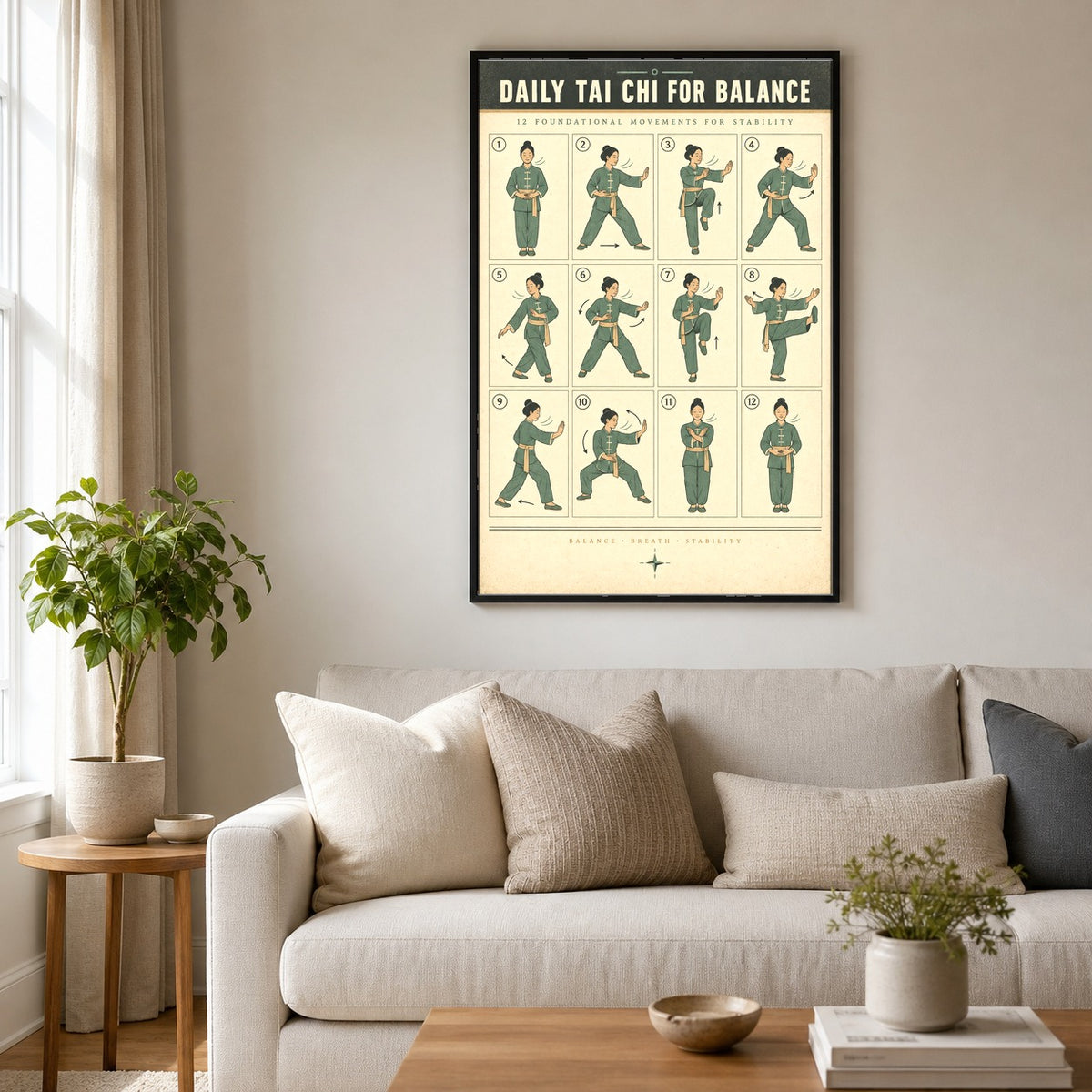 Daily Tai Chi for Balance Art Poster, Senior Exercise Chart