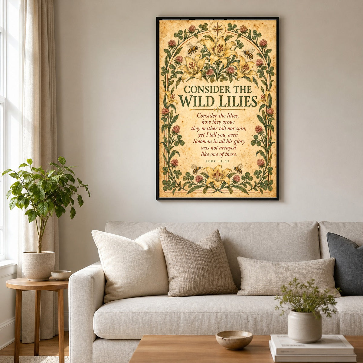 Consider the Wild Lilies Luke 12:27 Poster, Christian Botanical Wall Art
