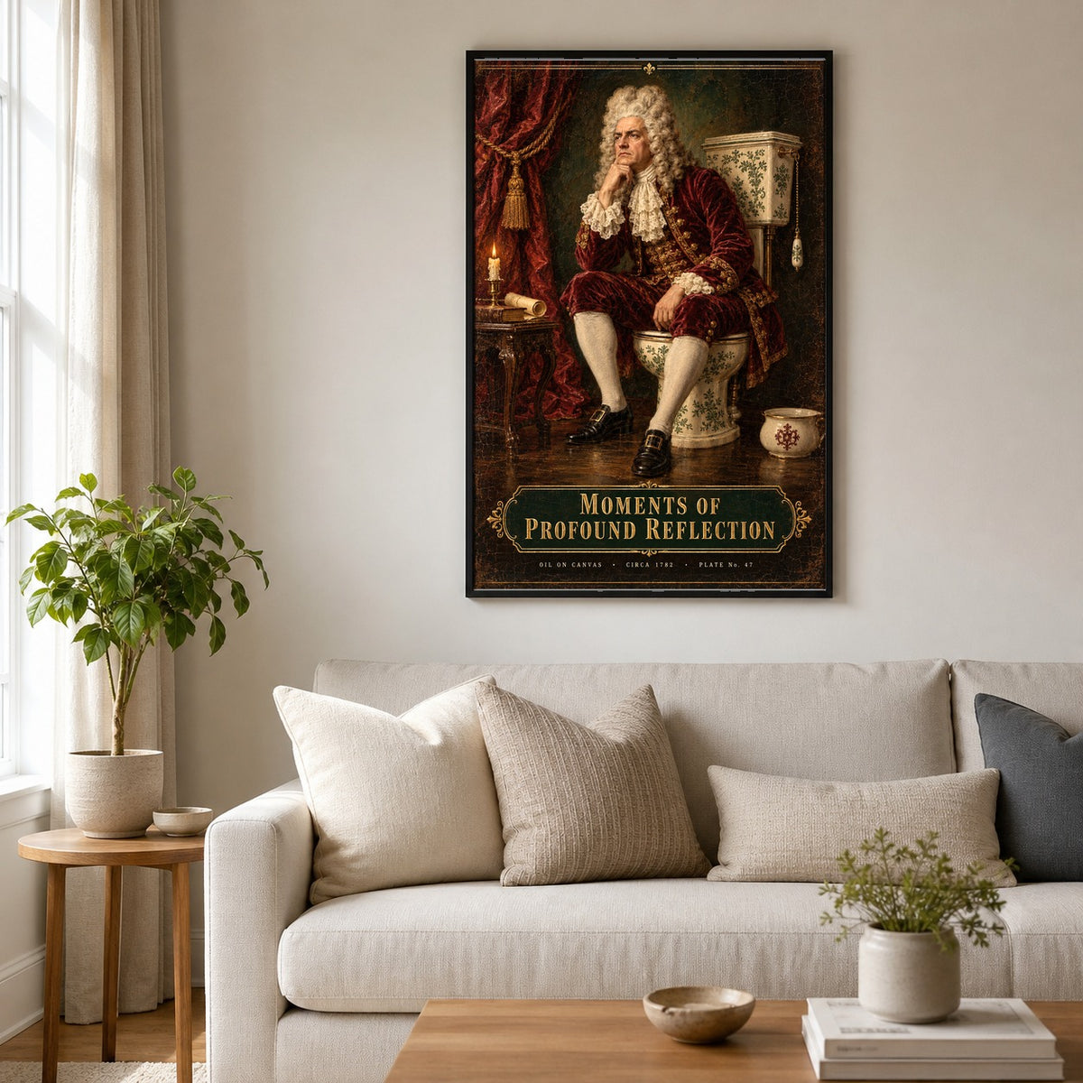 Pensive Monarch Powder Room Poster, Funny Baroque Toilet Art