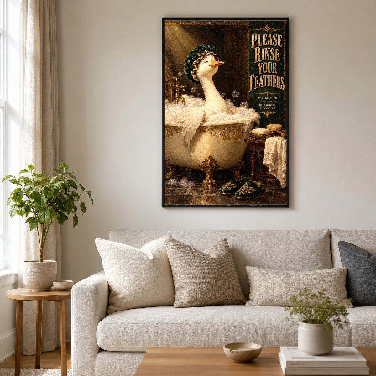 Aristocratic Goose in Clawfoot Bath Art Poster, Funny Bathroom Decor