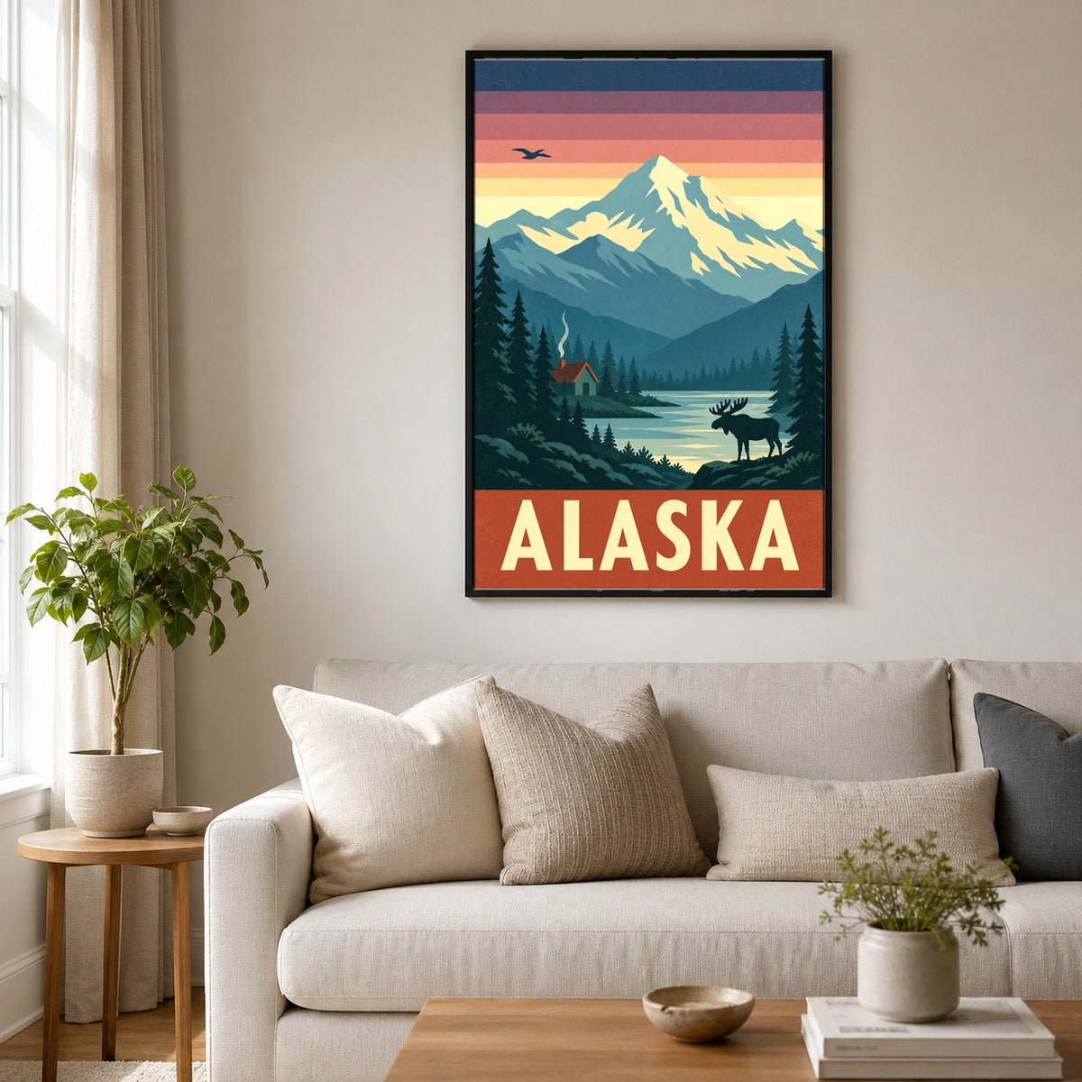 Alaska Vintage Travel Poster, Mountain and Moose Wilderness Wall Art