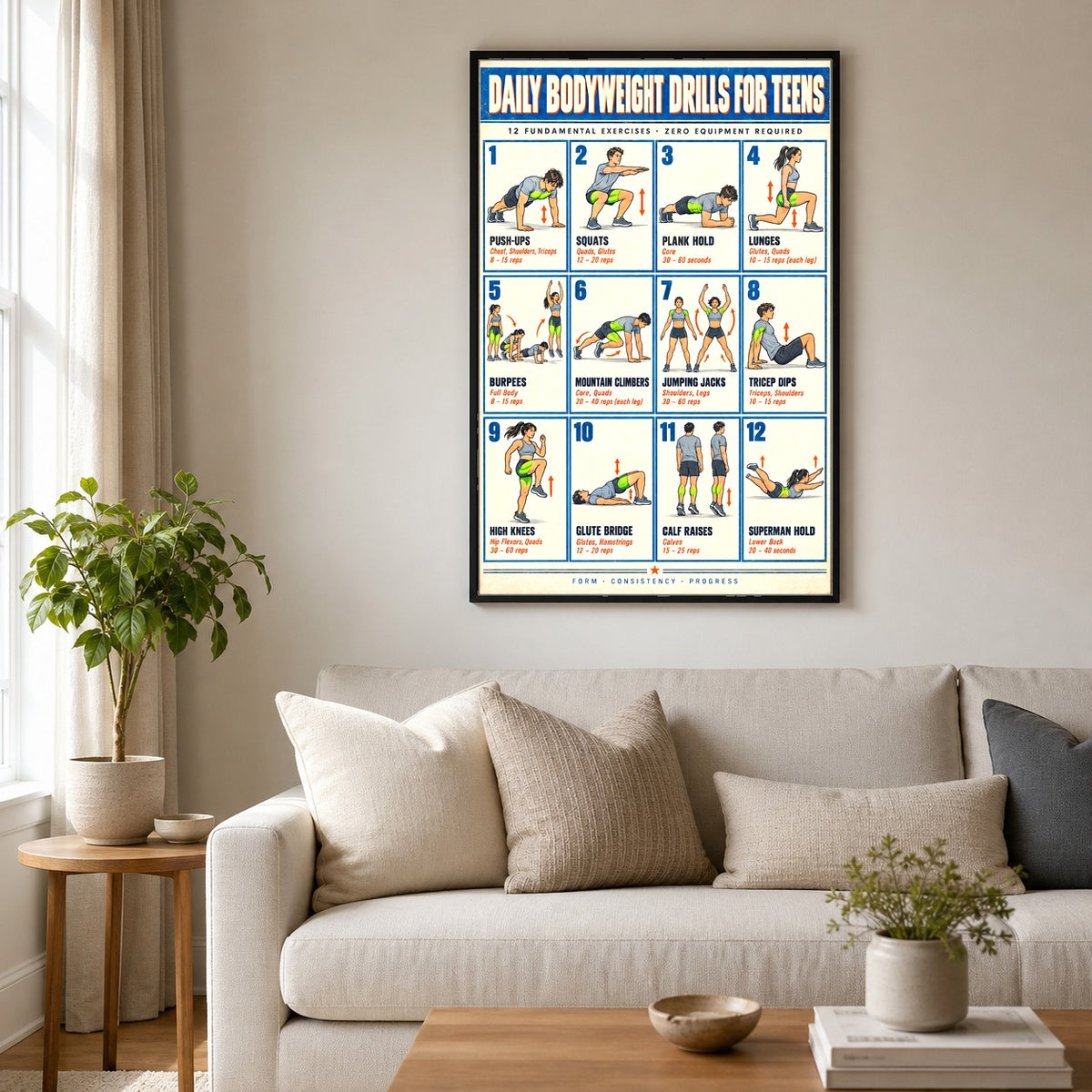 Youth Calisthenics Foundations Chart Poster, Teen Bodyweight Fitness