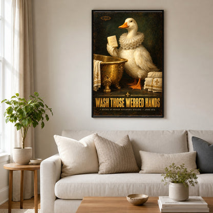 Funny Duck Bathroom Etiquette Poster, Wash Those Webbed Hands Art