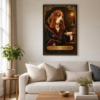 A Gentlemans Predicament Basset Hound Funny Bathroom Art Poster