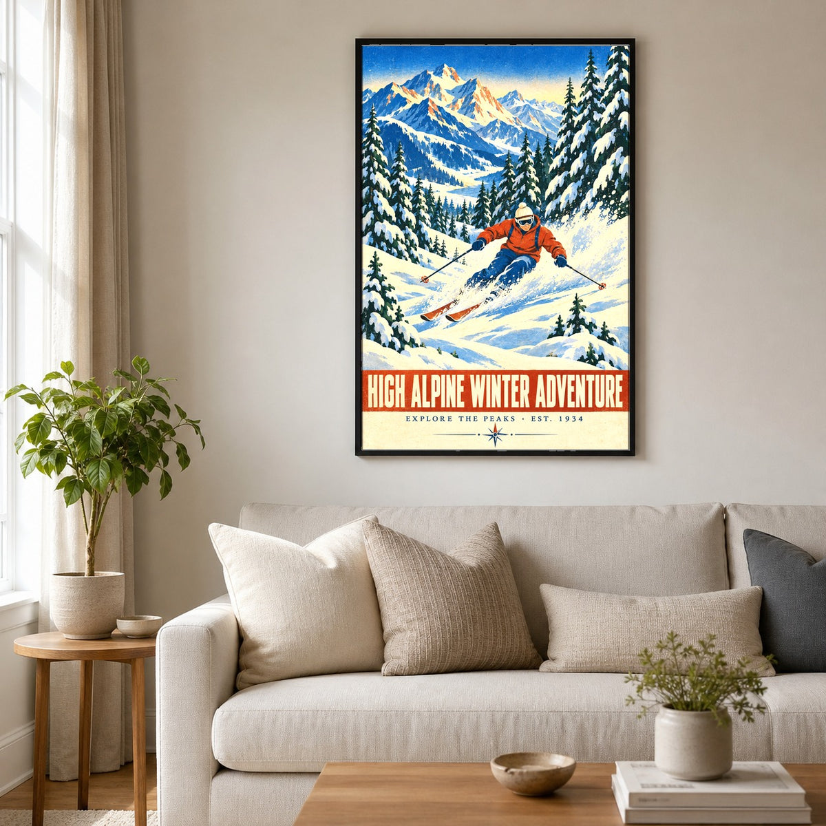 High Alpine Winter Adventure Poster, Vintage Downhill Skier Art