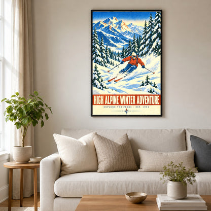 High Alpine Winter Adventure Poster, Vintage Downhill Skier Art