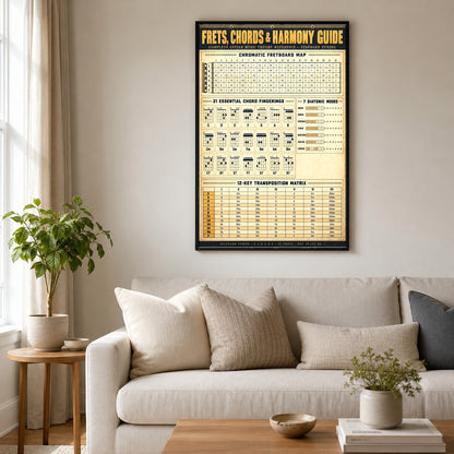 Guitar Theory Reference Chart Poster, Frets Chords and Harmony Guide