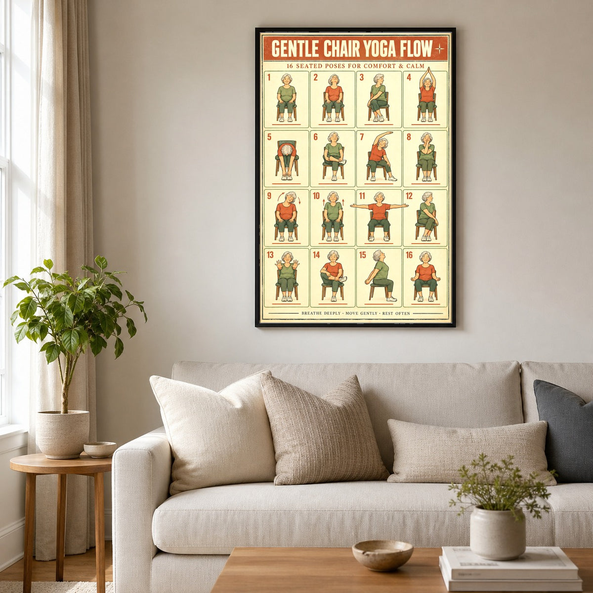 Gentle Chair Yoga Flow Poster, Seated Exercises Chart