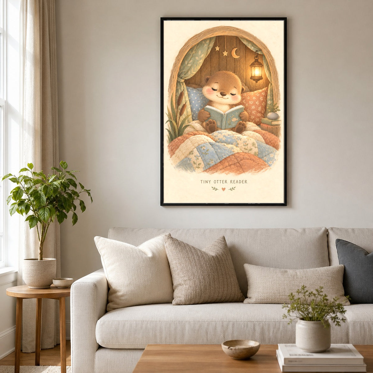 Tiny Otter Reader Nursery Wall Art Poster, Cute Bedtime Story Print