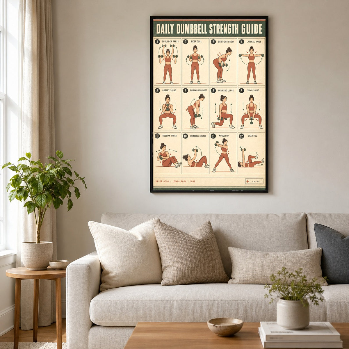 Dumbbell Strength Guide Poster, Earth Tone Workout Chart